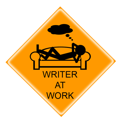 Orange-Yellow diamond with a stick figure lying on a couch with the cloud above them and Writer At Work below the couch.